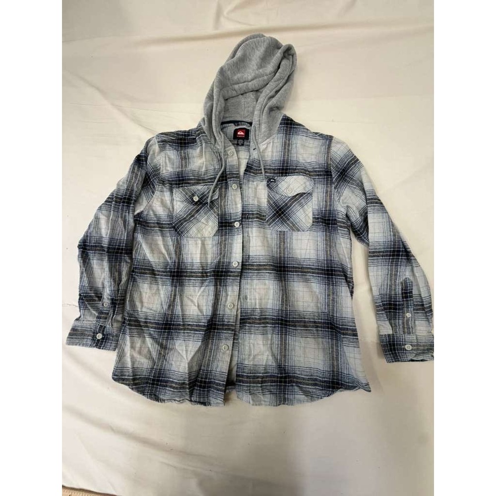 Quiksilver Hooded Plaid Flannel Shirt Jacket XL | Skate Surf Y2K Gray Blue